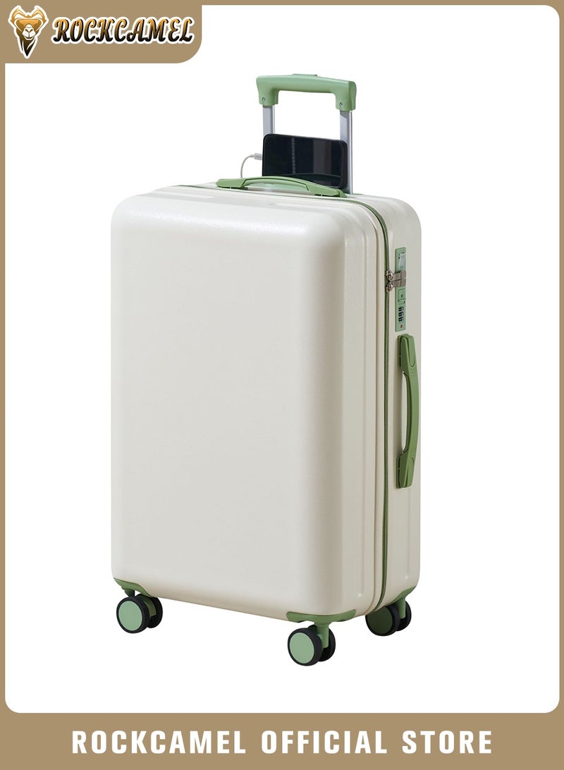 ROCKCAMEL Carry-On Luggage, 20-Inch Lightweight Suitcase with Built-in USB Charging Port, Hooks, and Silent Spinner Wheels, Hardside Luggage for Travel, College Students, Cabin Sized, White & Green - Image 1